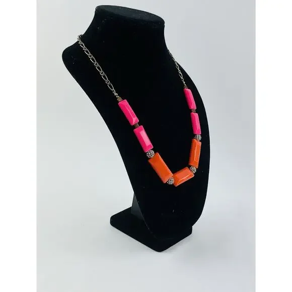 J. Crew Pink Orange Pave Crystal Bead Necklace Balls Gemoetric Elongated Y2k 80s - Picture 2 of 15